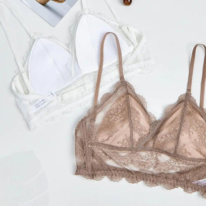 New Splendid French Style Lingerie Soft Bralette Deep V Lace Wireless Triangular Padded Cups Backless Bra