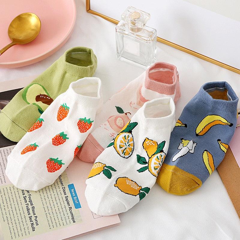 Solid Color Avocado Printed Socks Casual Joker Cotton Short Socks Ladies Fruit Print Concise College Style Breathable Cotton Short Socks For Men And Women