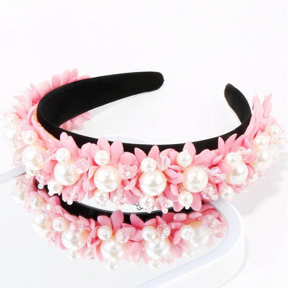 Flower Pearl Headbands Crystal Beads Embellishment Wide Hairbands Women Wedding Party Crown Tiara Gorgeous Hair Accessories For Women