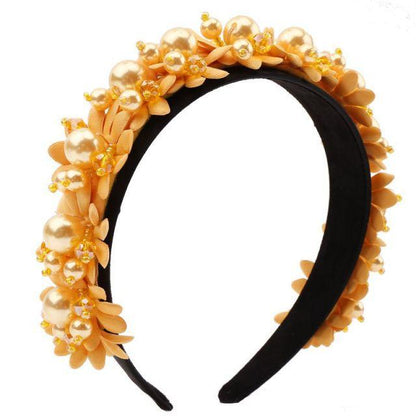 Flower Pearl Headbands Crystal Beads Embellishment Wide Hairbands Women Wedding Party Crown Tiara Gorgeous Hair Accessories For Women