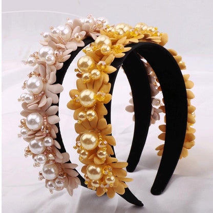 Flower Pearl Headbands Crystal Beads Embellishment Wide Hairbands Women Wedding Party Crown Tiara Gorgeous Hair Accessories For Women