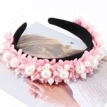 Flower Pearl Headbands Crystal Beads Embellishment Wide Hairbands Women Wedding Party Crown Tiara Gorgeous Hair Accessories For Women
