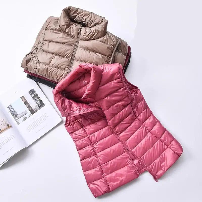 New Trendy Ultra Light Women's Duck Down Vest Jacket Autumn/Winter High collar Sleeveless Coat For Girls