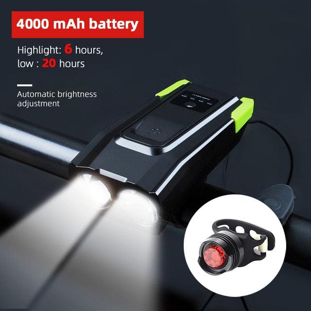 4000mAh Bicycle Front Light Set USB Rechargeable Smart Headlight With Horn 800 Lumen LED Bicycle Light Set USB Rechargeable Super Bright  Bike Headlight