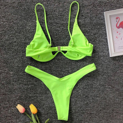 Underwired Bikini Female Swimsuit Women Swimwear Two-Piece V Shape Wire Bikini Set Bather Bathing Suit Women Micro Bikini Set Shiny Metallic 2 Piece Swimsuit Push Up Underwire Swimwear Bathing Suit