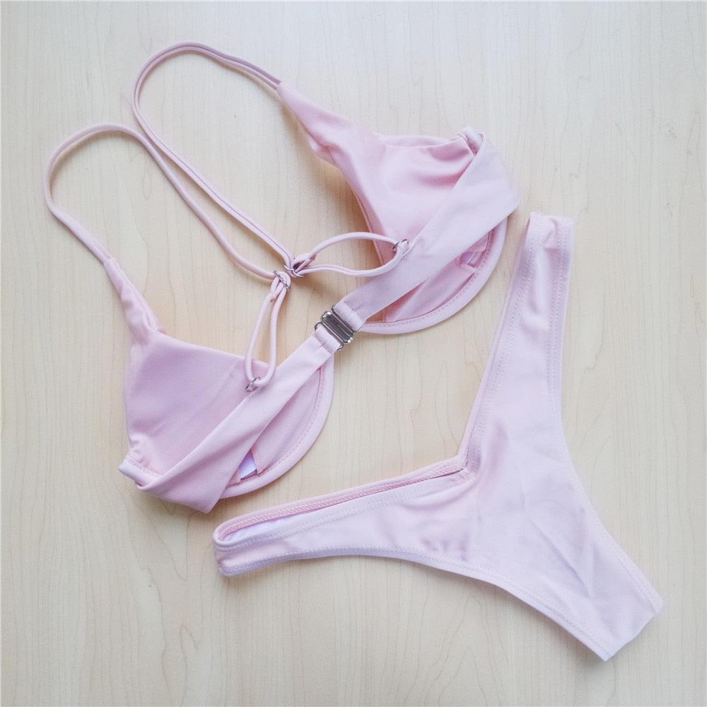 Underwired Bikini Female Swimsuit Women Swimwear Two-Piece V Shape Wire Bikini Set Bather Bathing Suit Women Micro Bikini Set Shiny Metallic 2 Piece Swimsuit Push Up Underwire Swimwear Bathing Suit