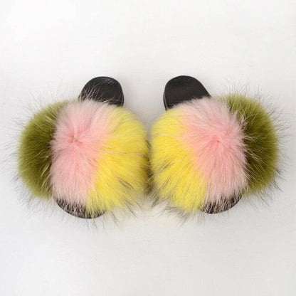Summer Women Raccoon Fur Slippers Plush Slides Furry Sandals Fluffy House Shoes Girl's Cute Flip Flops Sandal With Soft Furry Faux Fox Fur House Outdoor Multicolor Slippers