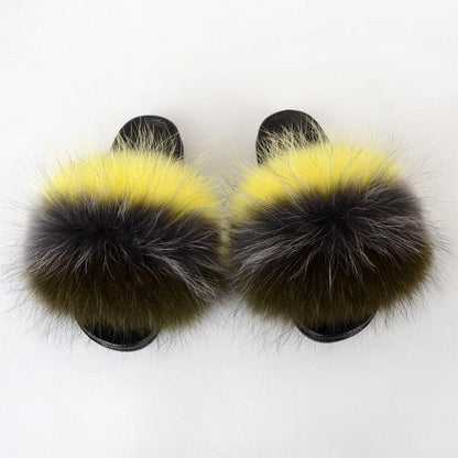 Summer Women Raccoon Fur Slippers Plush Slides Furry Sandals Fluffy House Shoes Girl's Cute Flip Flops Sandal With Soft Furry Faux Fox Fur House Outdoor Multicolor Slippers