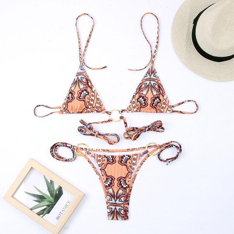 Vintage Print Bikini Female Handwork Small Ruffle Swimming Suit For Women Swimwear High Cut Bikini Set String Print Halter String Triangle Bikini Set Luxury Swimwear Two Piece Swimsuit