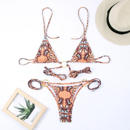 Vintage Print Bikini Female Handwork Small Ruffle Swimming Suit For Women Swimwear High Cut Bikini Set String Print Halter String Triangle Bikini Set Luxury Swimwear Two Piece Swimsuit