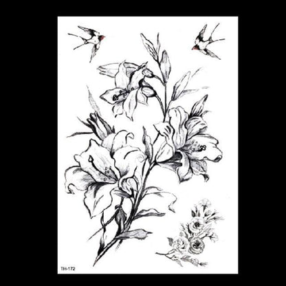49 Sheets Waterproof Temporary Black Sketches Flowers Tattoo Stickers Flower Rose Tattoos For Women Adults