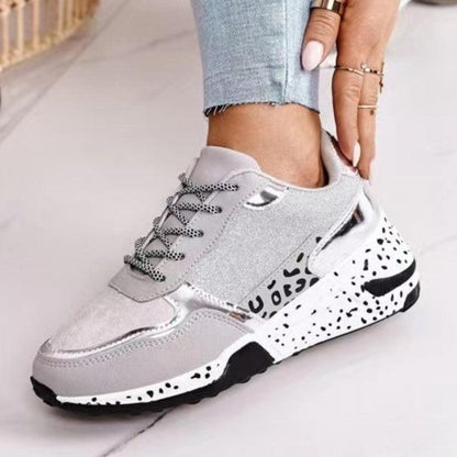 Women Sneakers Leopard Print Lace-Up Women's Vulcanize Shoes Sports Sneakers Breathable Height Increasing Walking Jogging Sneakers Gold Silver Sport Running Women's Sneakers