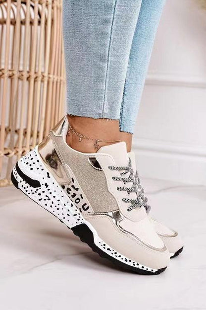 Women Sneakers Leopard Print Lace-Up Women's Vulcanize Shoes Sports Sneakers Breathable Height Increasing Walking Jogging Sneakers Gold Silver Sport Running Women's Sneakers