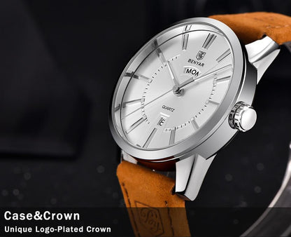 Business Fashion Men Watches Brown Luxury Military Leather Band Wristwatches  Date Week Display Watch