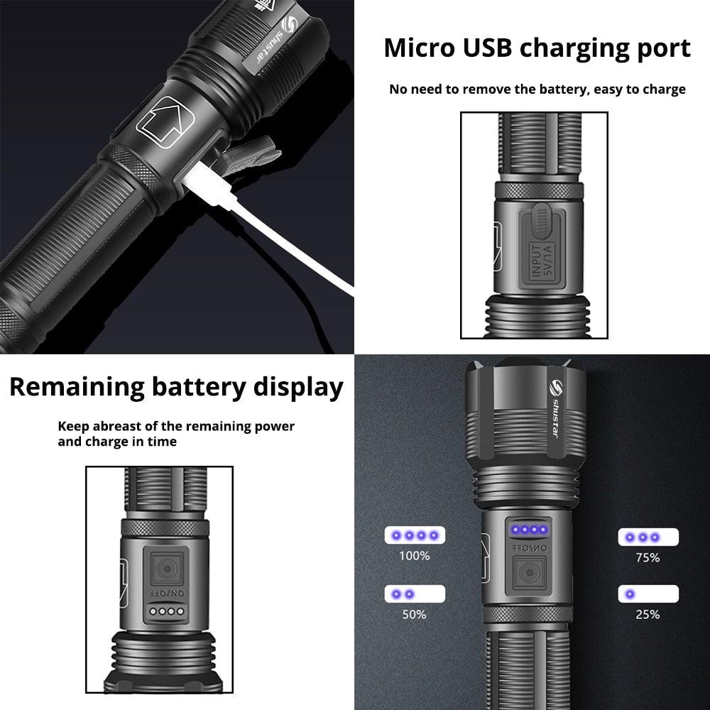 Rechargeable Adjustable Led Flashlights With High Lumen With Battery Display Super Bright Waterproof Flashlight  5 Lighting Modes For Adventure Hiking Camping Hunting New Design