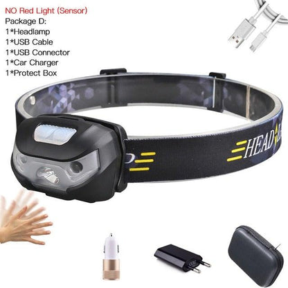 Rechargeable Adjustable  LED USB Headlight Powerfull Elastic High Lumens Headband Headlamp Motion Sensor Flashlight For Adults Kids Running Camping Hiking Camping