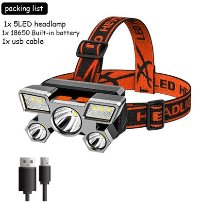 Rechargeable Adjustable  USB 5LED Headlamp with High Lumen Handsfree Waterproof Portable Ability Focusing Ring Headlight Flashlight  Torchlight For Outdoor  Camping Hiking Running Headlight