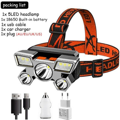 Rechargeable Adjustable  USB 5LED Headlamp with High Lumen Handsfree Waterproof Portable Ability Focusing Ring Headlight Flashlight  Torchlight For Outdoor  Camping Hiking Running Headlight