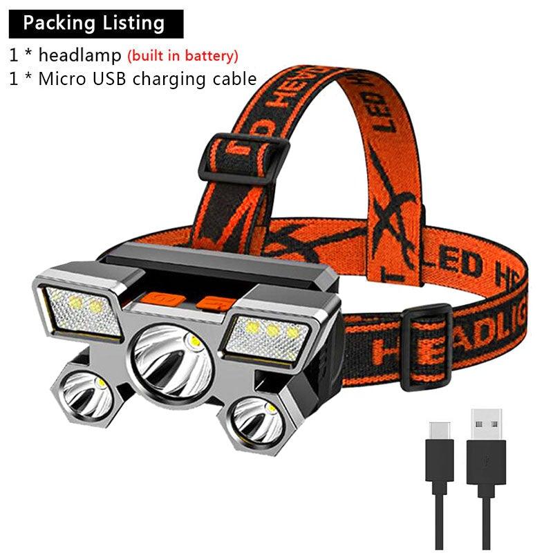 Rechargeable Adjustable  USB 5LED Headlamp with High Lumen Handsfree Waterproof Portable Ability Focusing Ring Headlight Flashlight  Torchlight For Outdoor  Camping Hiking Running Headlight
