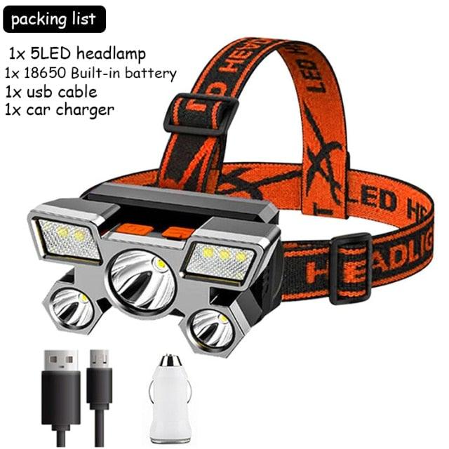 Rechargeable Adjustable  USB 5LED Headlamp with High Lumen Handsfree Waterproof Portable Ability Focusing Ring Headlight Flashlight  Torchlight For Outdoor  Camping Hiking Running Headlight