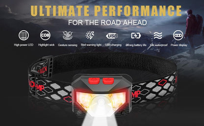 Rechargeable Powerful USB LED High Lumen Headlamp Ultra-Light Bright Headlight Waterproof Sensor Head Light  For Outdoors Camping Running Hiking Biking Fishing