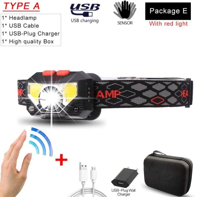 Rechargeable Powerful USB LED High Lumen Headlamp Ultra-Light Bright Headlight Waterproof Sensor Head Light  For Outdoors Camping Running Hiking Biking Fishing