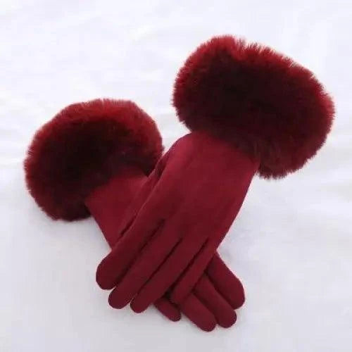 Red Winter Warm One Size Touch Screen Glove Female Fur Thick Driving Comfortable Gloves For Autumn
