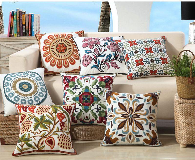 100% Cotton Embroidery Flower Pattern Pillow Cover Home Decoration Sofa Cushion Cover Housewarming Gift Pillow Case Decorative Embroidered Pillow Cover Handmade Cotton Cover For Throw Pillows Beautiful Modern Floral Patterns 45x45cm