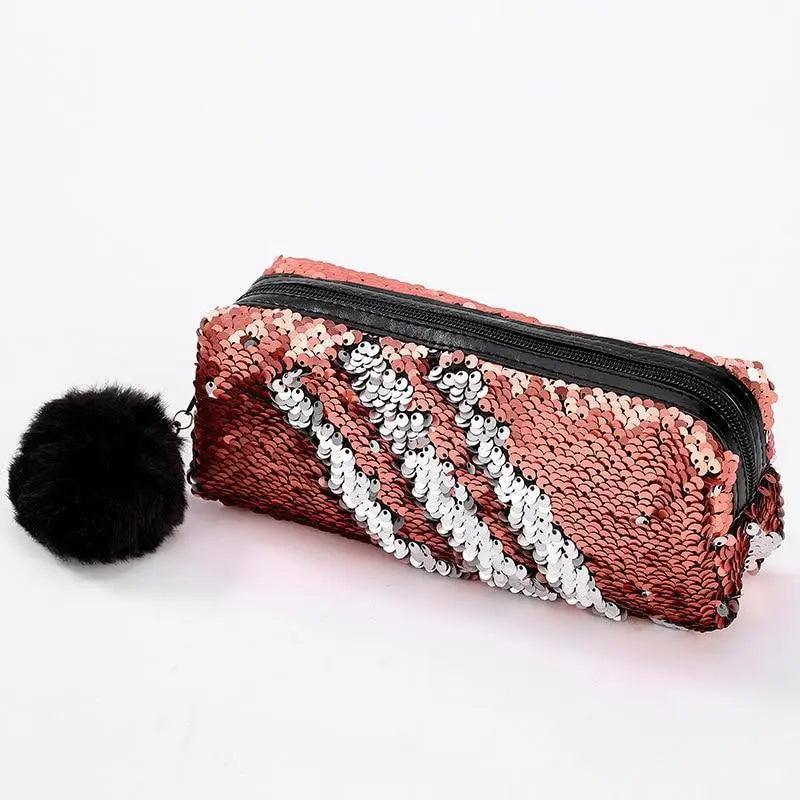 Shiny Reversible Girls Pencil Case Glitter Design Double Color Zipper Make Up Bag Stationery Case For Students