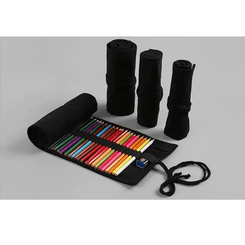 Students Roll Design Black Color Pencil Retro Canvas Wrap Up Pencil Case High Quality Stationary Pouch