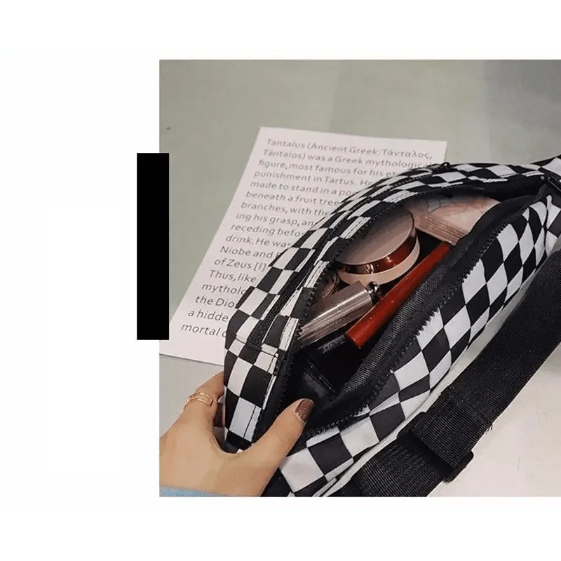 Stylish And Fashionable Fanny Bag For Women Rave Festival Bum Travel Waist Pack Black And White Checkered