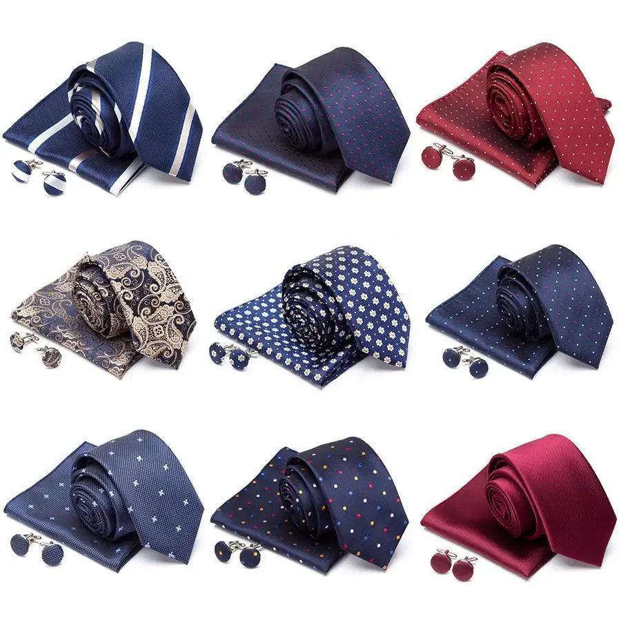 Stylish Silk Necktie With Pocket Square And Matching Cufflinks Set For Men Retro Formal Wear Necktie Set For Men