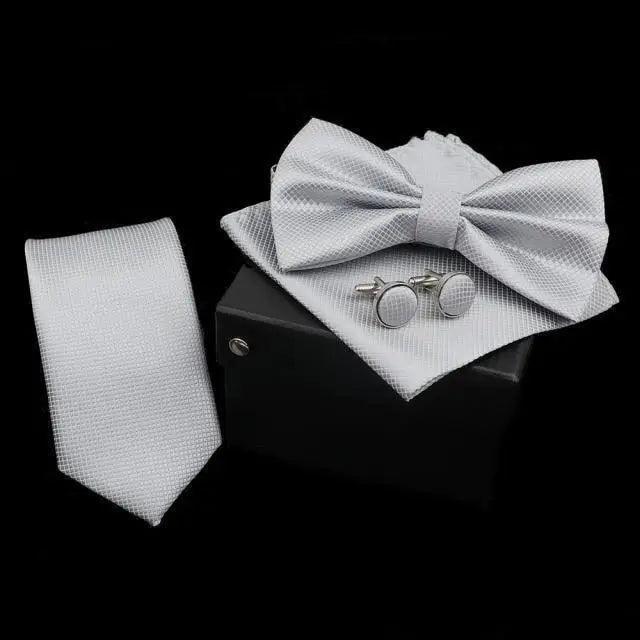 Stylish Solid Color Polyester Tie Bowtie Handkerchief Cufflinks Set For Men Butterfly Wedding Party Necktie Men's Fashion Bowtie