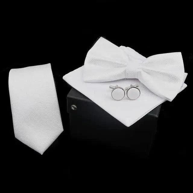 Stylish Solid Color Polyester Tie Bowtie Handkerchief Cufflinks Set For Men Butterfly Wedding Party Necktie Men's Fashion Bowtie