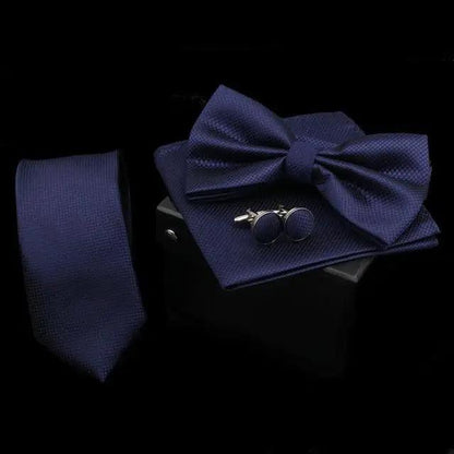 Stylish Solid Color Polyester Tie Bowtie Handkerchief Cufflinks Set For Men Butterfly Wedding Party Necktie Men's Fashion Bowtie