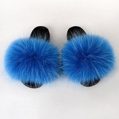 Summer Women Raccoon Fur Slippers Plush Slides Furry Sandals Fluffy House Shoes Girl's Cute Flip Flops Sandal With Soft Furry Faux Fox Fur House Outdoor Multicolor Slippers