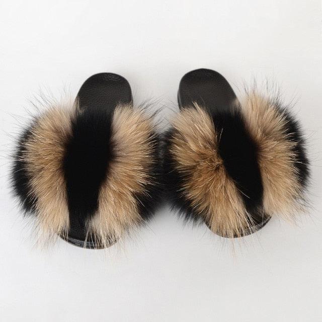 Summer Women Raccoon Fur Slippers Plush Slides Furry Sandals Fluffy House Shoes Girl's Cute Flip Flops Sandal With Soft Furry Faux Fox Fur House Outdoor Multicolor Slippers