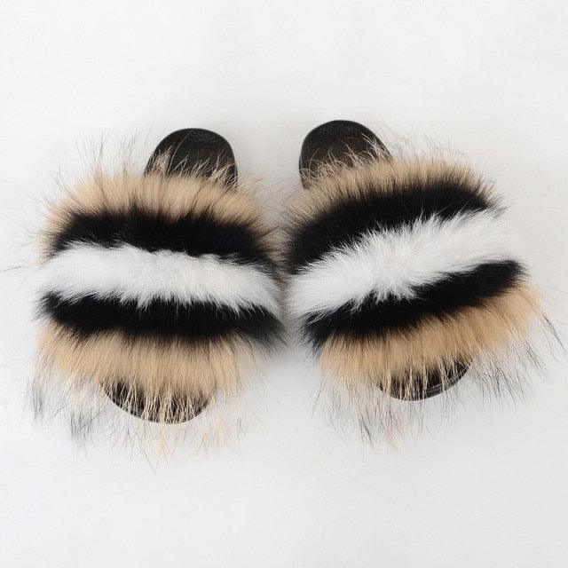 Summer Women Raccoon Fur Slippers Plush Slides Furry Sandals Fluffy House Shoes Girl's Cute Flip Flops Sandal With Soft Furry Faux Fox Fur House Outdoor Multicolor Slippers