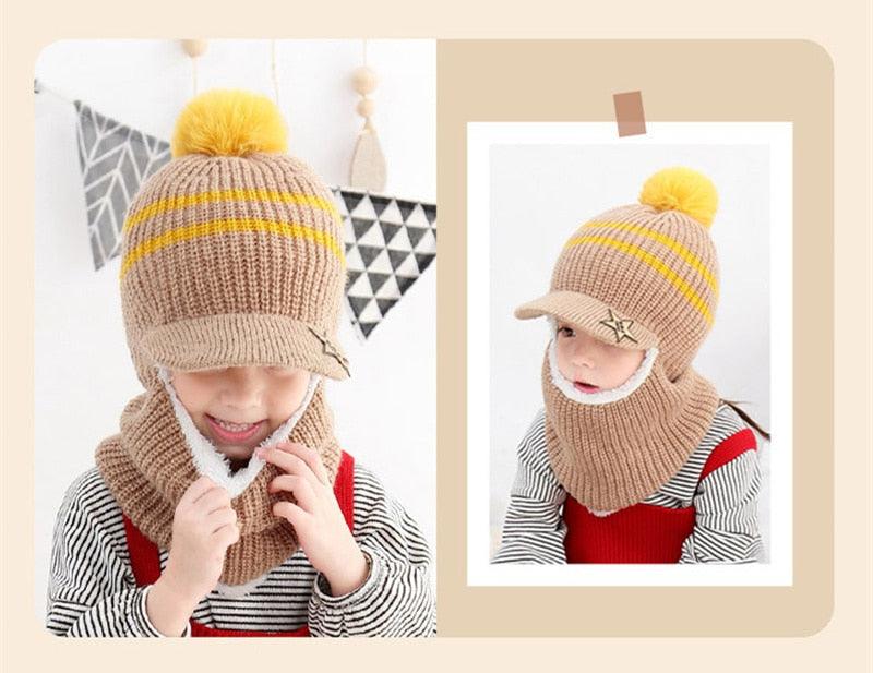 Thick Knitted Acrylic Winter Beanie Hats For Kids Child Outdoor Warm Balaclava Cap Girls Boys Bib Mask Face Cover Hairball Hat  Beanie Cap Mask Scarf Hat Set Outdoor Sport Warm Beanies Hat For Men Knitted Hats Bandana Hiking Camping Kid Neck Warmer Cap
