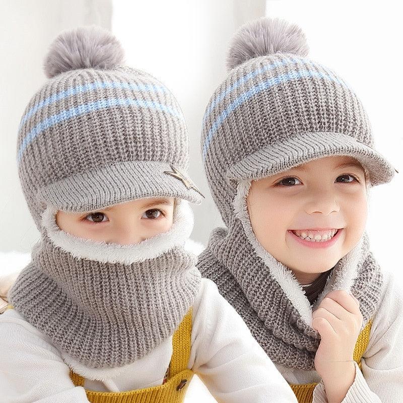 Thick Knitted Acrylic Winter Beanie Hats For Kids Child Outdoor Warm Balaclava Cap Girls Boys Bib Mask Face Cover Hairball Hat  Beanie Cap Mask Scarf Hat Set Outdoor Sport Warm Beanies Hat For Men Knitted Hats Bandana Hiking Camping Kid Neck Warmer Cap