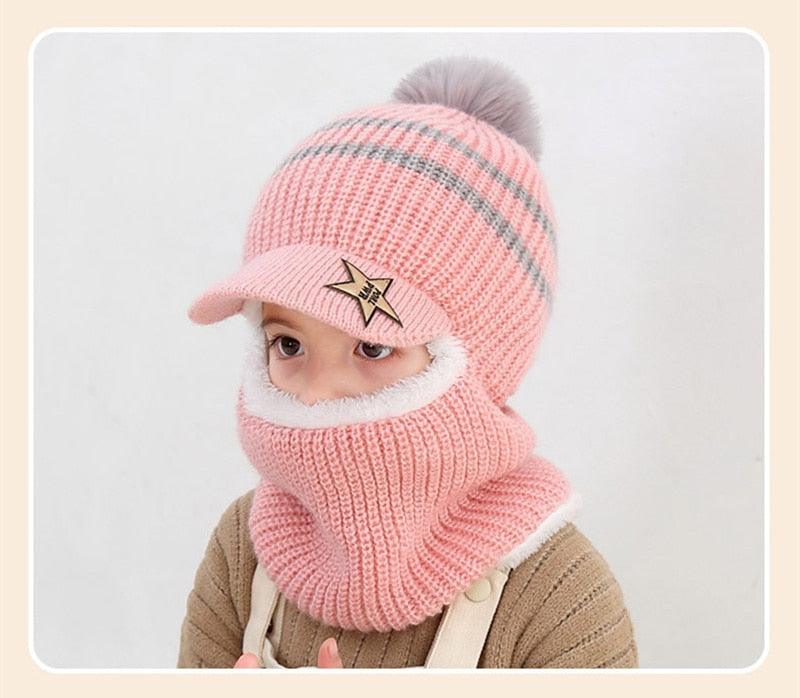 Thick Knitted Acrylic Winter Beanie Hats For Kids Child Outdoor Warm Balaclava Cap Girls Boys Bib Mask Face Cover Hairball Hat  Beanie Cap Mask Scarf Hat Set Outdoor Sport Warm Beanies Hat For Men Knitted Hats Bandana Hiking Camping Kid Neck Warmer Cap