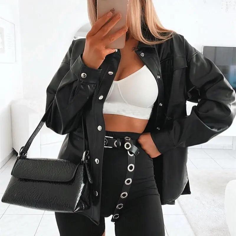 Top Quality Punk Style Women Autumn Leather Jacket Turn-down Collar Streetwear Cool Jackets Ladies Pocket Oversized Pop Jackets