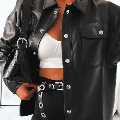 Top Quality Punk Style Women Autumn Leather Jacket Turn-down Collar Streetwear Cool Jackets Ladies Pocket Oversized Pop Jackets