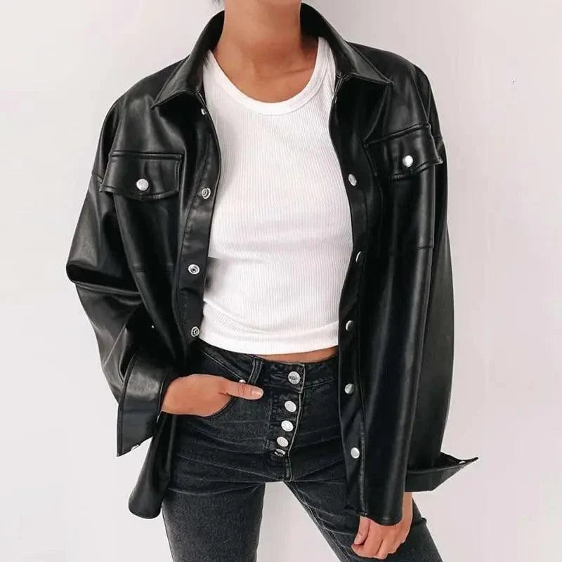 Top Quality Punk Style Women Autumn Leather Jacket Turn-down Collar Streetwear Cool Jackets Ladies Pocket Oversized Pop Jackets