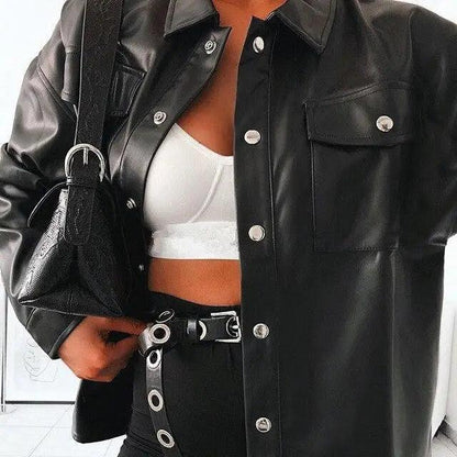 Top Quality Punk Style Women Autumn Leather Jacket Turn-down Collar Streetwear Cool Jackets Ladies Pocket Oversized Pop Jackets