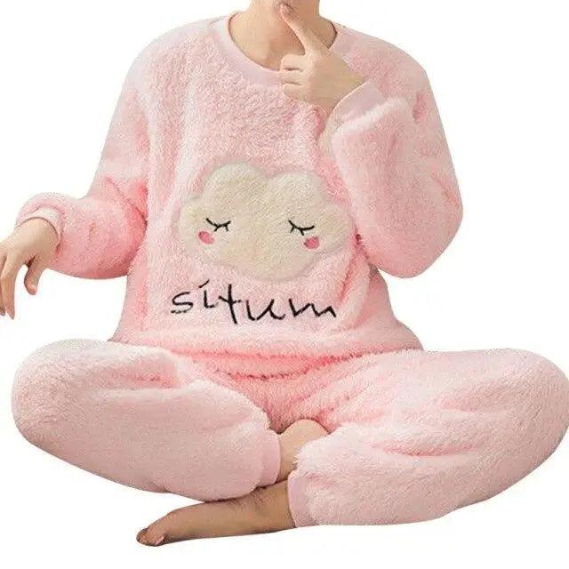 Trendy Pajama Women Thick Flannel Warm Female Winter Pajama Set Long Sleeve Full Trousers Two Piece Pajamas  Cartoon Pajamas Women Pajamas Set Sleepwear Autumn Plus Size Top Long Pant Sleepwear Girls Pajamas