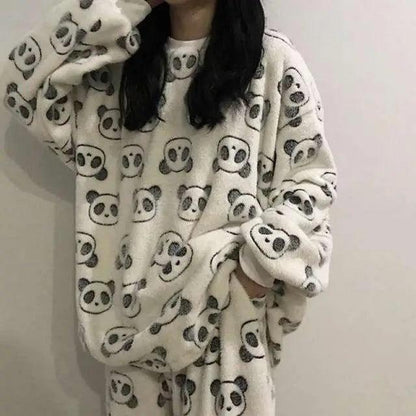 Trendy Pajama Women Thick Flannel Warm Female Winter Pajama Set Long Sleeve Full Trousers Two Piece Pajamas  Cartoon Pajamas Women Pajamas Set Sleepwear Autumn Plus Size Top Long Pant Sleepwear Girls Pajamas
