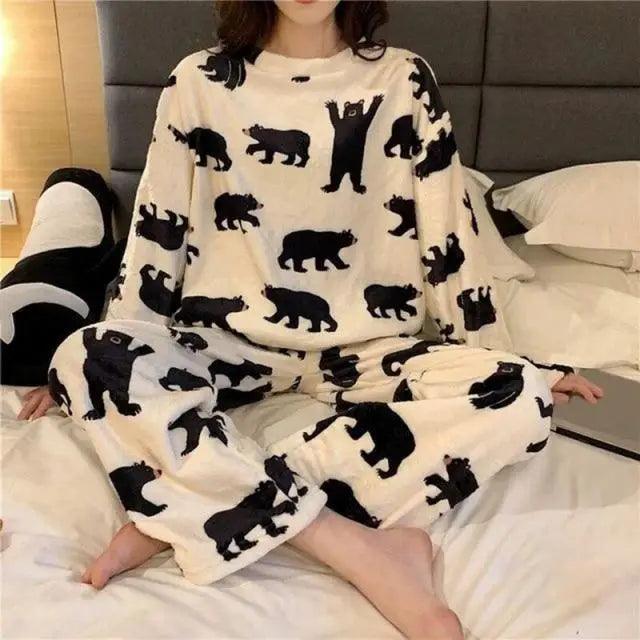 Trendy Pajama Women Thick Flannel Warm Female Winter Pajama Set Long Sleeve Full Trousers Two Piece Pajamas  Cartoon Pajamas Women Pajamas Set Sleepwear Autumn Plus Size Top Long Pant Sleepwear Girls Pajamas