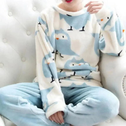 Trendy Pajama Women Thick Flannel Warm Female Winter Pajama Set Long Sleeve Full Trousers Two Piece Pajamas  Cartoon Pajamas Women Pajamas Set Sleepwear Autumn Plus Size Top Long Pant Sleepwear Girls Pajamas