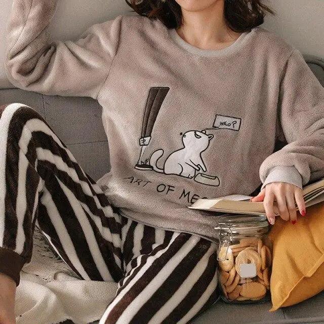 Trendy Pajama Women Thick Flannel Warm Female Winter Pajama Set Long Sleeve Full Trousers Two Piece Pajamas  Cartoon Pajamas Women Pajamas Set Sleepwear Autumn Plus Size Top Long Pant Sleepwear Girls Pajamas